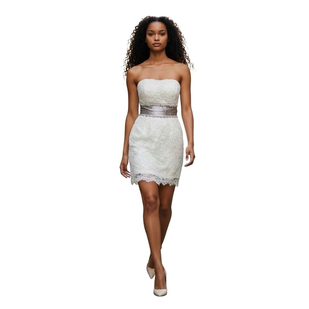 Winnie Couture Short Wedding Dress Ivory 10 Lace Overlay Rhinestones Pearls